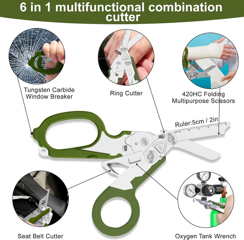Lemasa 6 in 1 heavy-duty/trauma shears, Folding Retractable Emergency Shears, Outdoor Camping Tools, Seat Belt Cutter, Oxygen Cylinder Wrench, Complimentary Adjustable Wrench (army green) - Image 3